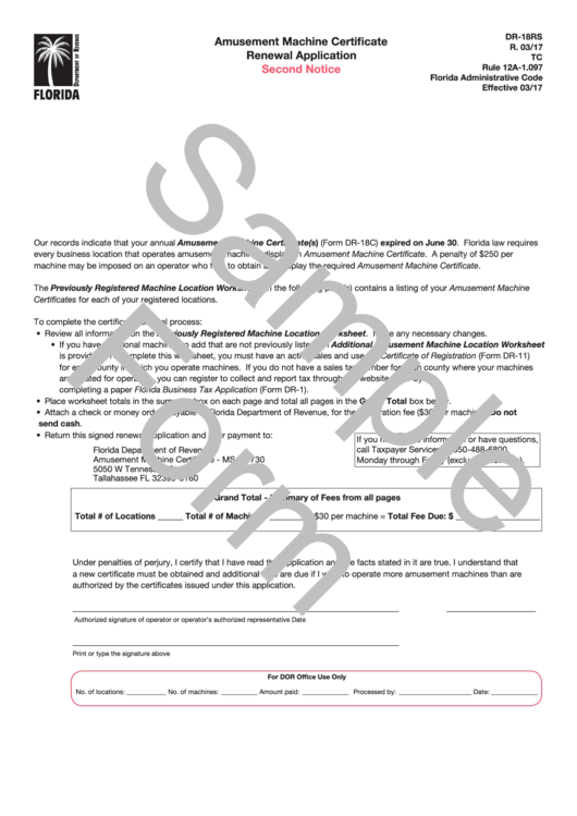 Form Dr-18rs Draft - Amusement Machine Certificate Renewal Application Second Notice Printable pdf