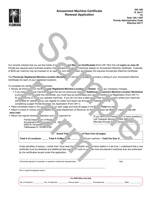 Form Dr-18r Draft - Amusement Machine Certificate Renewal Application Printable pdf