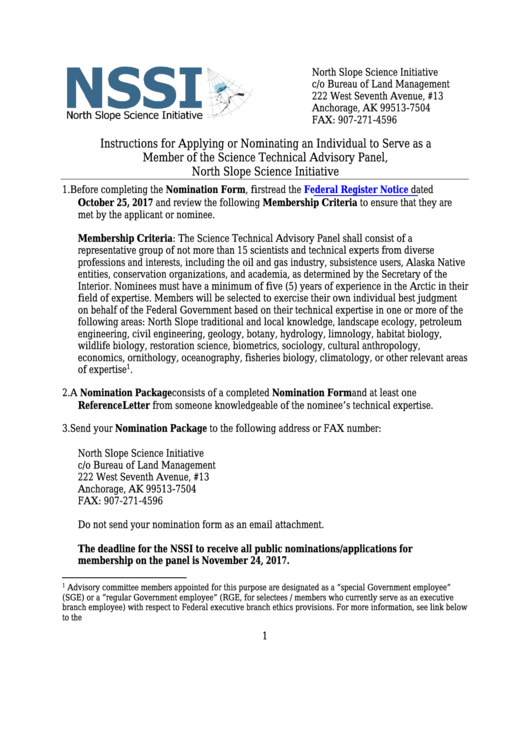 Instructions For Applying Or Nominating An Individual To Serve As A Member Of The Science Technical Advisory Panel - North Slope Science Initiative C/o Bureau Of Land Management Printable pdf