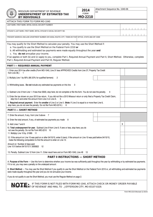 Fillable Form Mo-2210 - Underpayment Of Estimated Tax By Individuals - 2014 Printable pdf