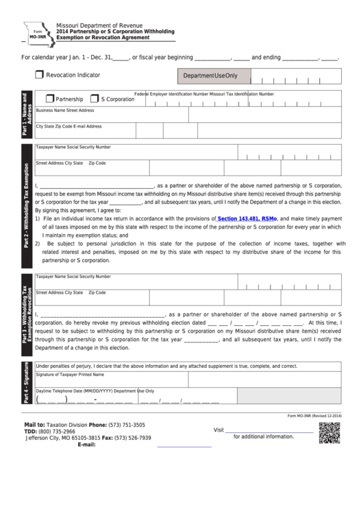 Fillable Form Mo-3nr - Partnership Or S Corporation Withholding Exemption Or Revocation Agreement - 2014 Printable pdf