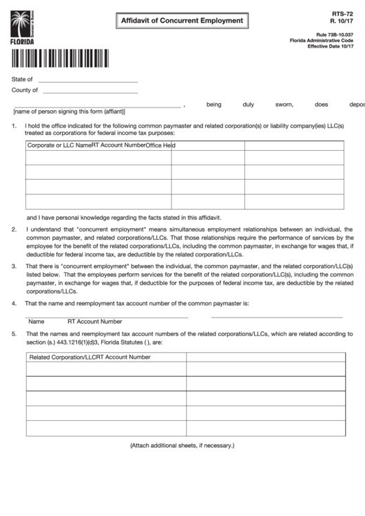 Form Rts-72 - Affidavit Of Concurrent Employment Printable pdf