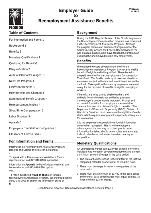 Form Rt-800001 - Employer Guide To Reemployment Assistance Benefits Printable pdf