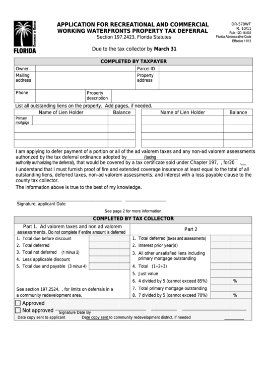 Form Dr-570wf - Application For Recreational And Commercial Working Waterfronts Property Tax Deferral Printable pdf