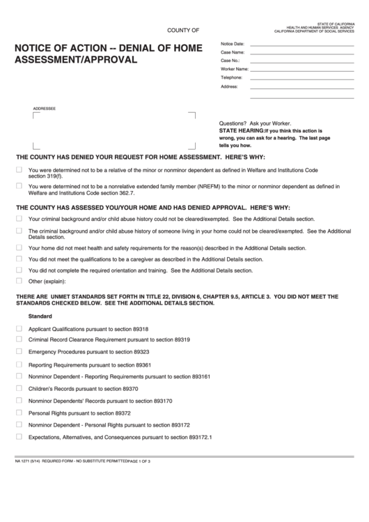 Fillable Form Na 1271 - Notice Of Action - Denial Of Home - Assessment/approval Printable pdf