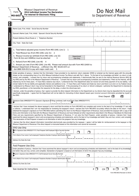Form Mo-8453 - Individual Income Tax Declaration For Internet Or Electronic Filing - 2014 Printable pdf