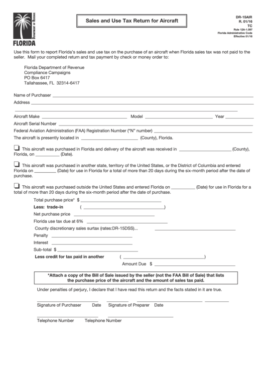 Form Dr-15air - Sales And Use Tax Return For Aircraft Printable pdf