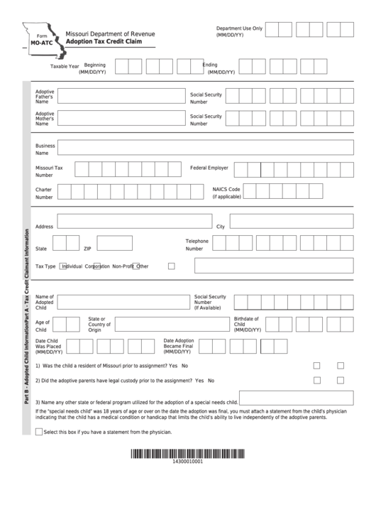 Fillable Form Mo-Atc - Adoption Tax Credit Claim Printable pdf