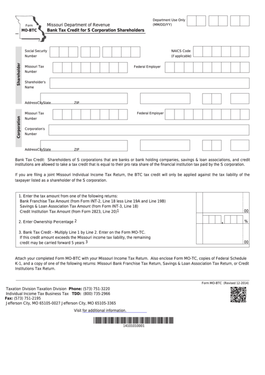 Fillable Form Mo-Btc - Bank Tax Credit For S Corporation Shareholders Printable pdf