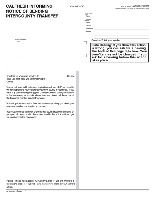 Fillable Form Na 1268 - Calfresh Informing - Notice Of Sending Intercounty Transfer Printable pdf