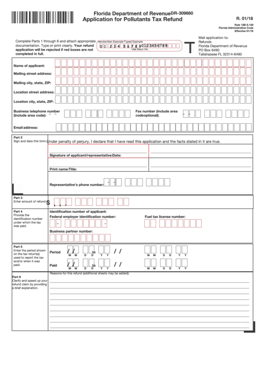 Form Dr-309660 - Application For Pollutants Tax Refund Printable pdf