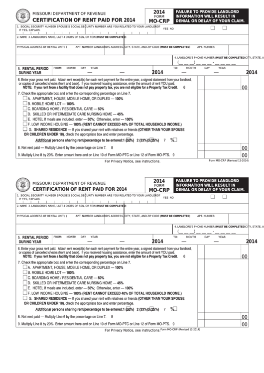 Fillable Form Mo-Crp - Certification Of Rent Paid For 2014 Printable pdf