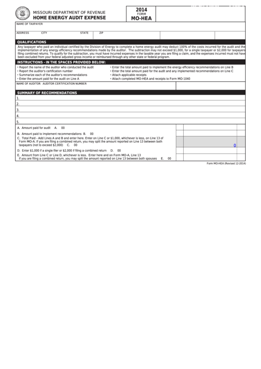 Fillable Form Mo-Hea - Home Energy Audit Expense - 2014 Printable pdf
