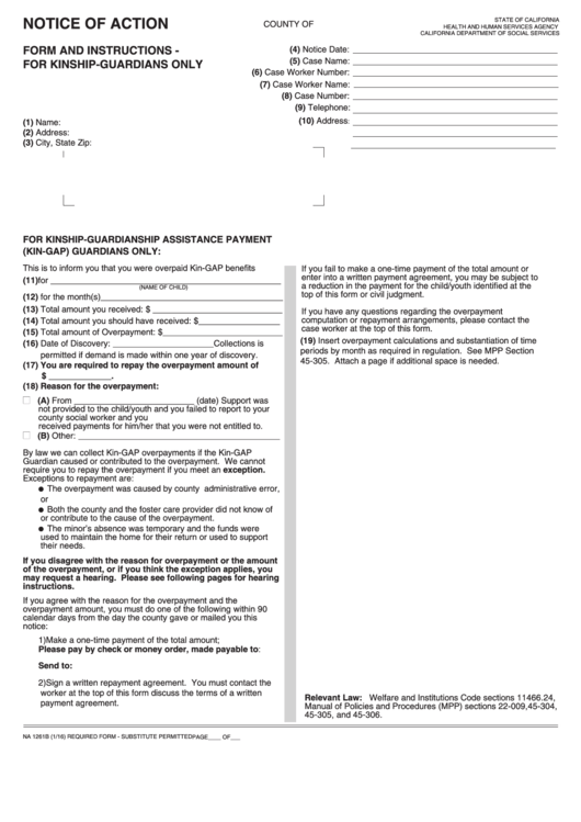Form Na 1261b - Notice Of Action - Form And Instructions - For Kinship-Guardians Only Printable pdf