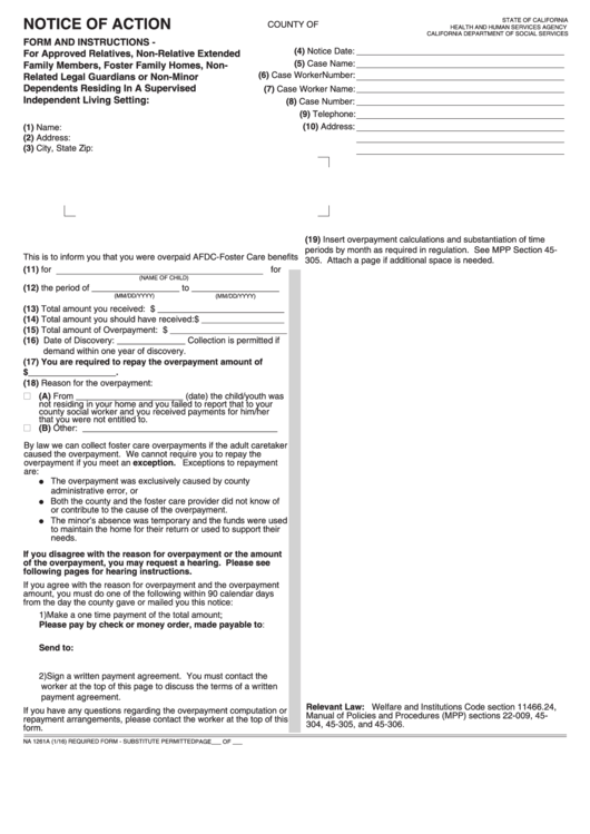 Form Na 1261a - Notice Of Action - Form And Instructions- For Approved Relatives, Non-Relative Extended Family Members, Foster Family Homes, Non-Related Legal Guardians Or Non-Minor Dependents Residing In A Supervised Independent Living Setting Printable pdf