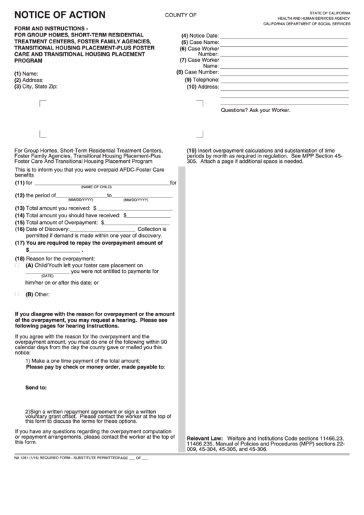 Form Na 1261 - Notice Of Action - Form And Instructions - For Group Homes, Short-Term Residential Treatment Centers, Foster Family Agencies, Transitional Housing Placement-Plus Foster Care And Transitional Housing Placement Program Printable pdf