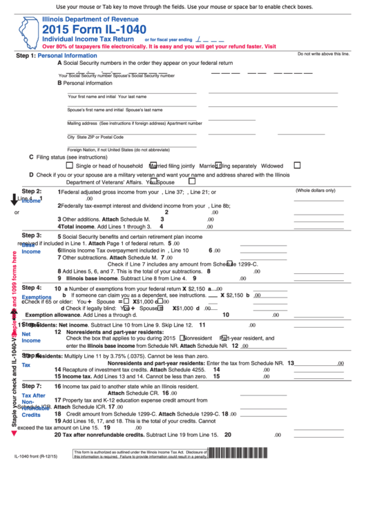 Fillable Form Il-1040 - Individual Income Tax Return - 2015 Printable pdf