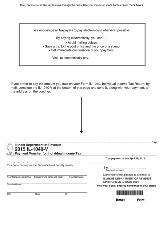 Fillable Form Il-1040-V - Payment Voucher For Individual Income Tax - 2015 Printable pdf