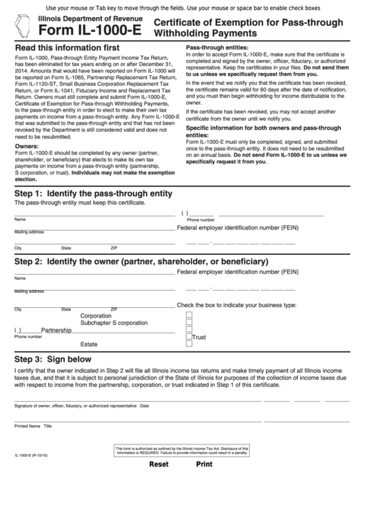 Fillable Form Il-1000-E - Certificate Of Exemption For Pass-Through Withholding Payments Printable pdf