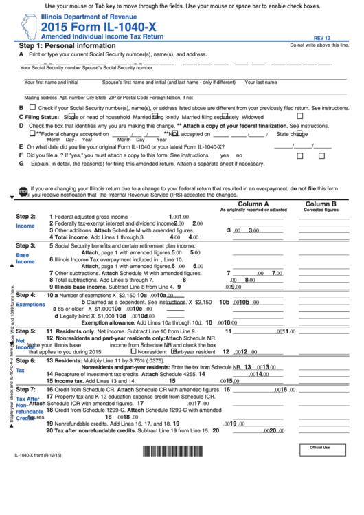 Fillable Form Il-1040-X - Amended Individual Income Tax Return - 2015 Printable pdf