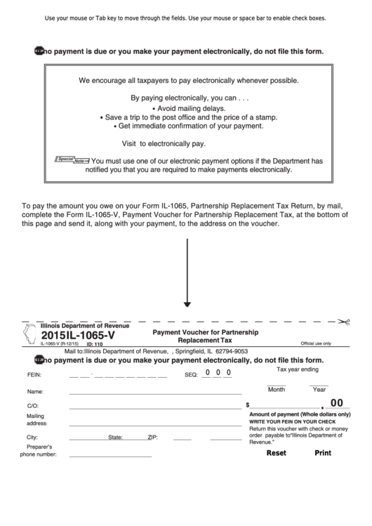 Fillable Form Il-1065-V - Payment Voucher For Partnership Replacement Tax - 2015 Printable pdf