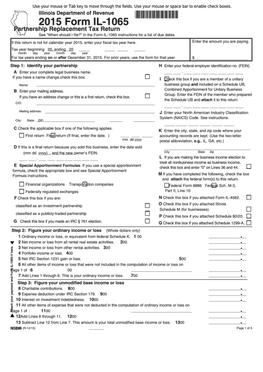 Fillable Form Il-1065 - Partnership Replacement Tax Return - 2015 Printable pdf