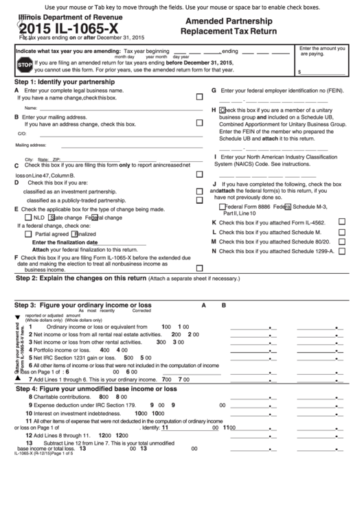 Fillable Form Il-1065-X - Amended Partnership Replacement Tax Return - 2015 Printable pdf