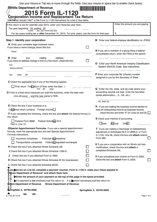 Fillable Form Il-1120 - Corporation Income And Replacement Tax Return - 2015 Printable pdf