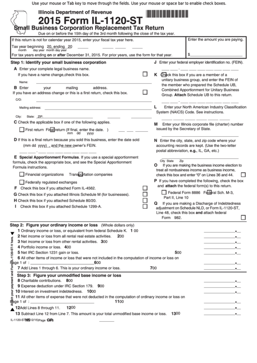 Fillable Form Il-1120-St - Small Business Corporation Replacement Tax Return - 2015 Printable pdf