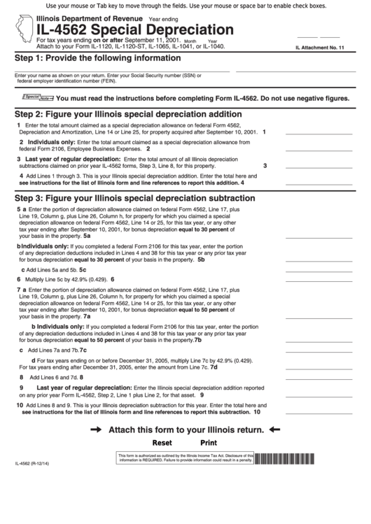 Fillable Form Il-4562 - Special Depreciation Printable pdf