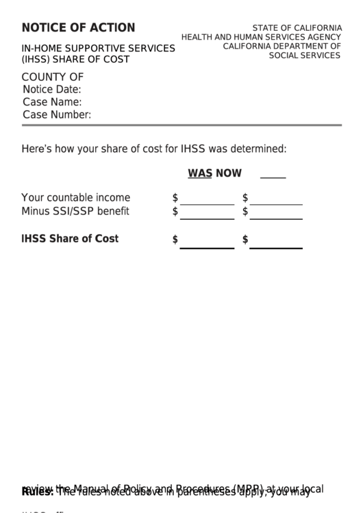Form Na 1256l - Notice Of Action - In-Home Supportive Services (Ihss) Share Of Cost Printable pdf