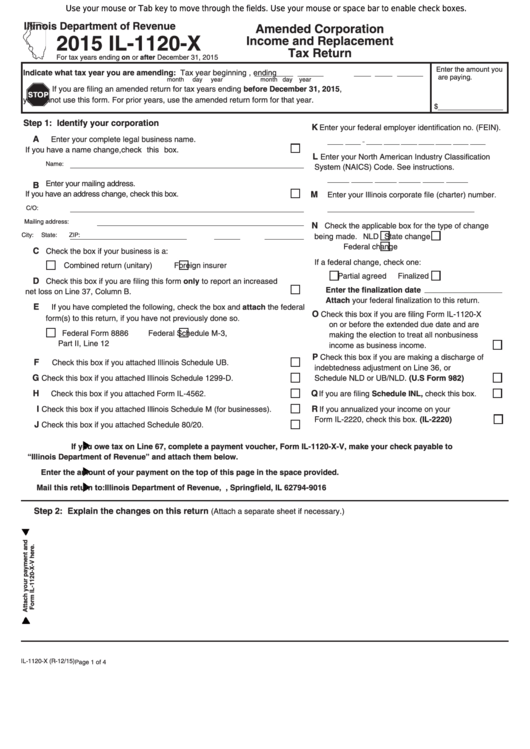 Fillable Form Il-1120-X - Amended Corporation Income And Replacement Tax Return - 2015 Printable pdf