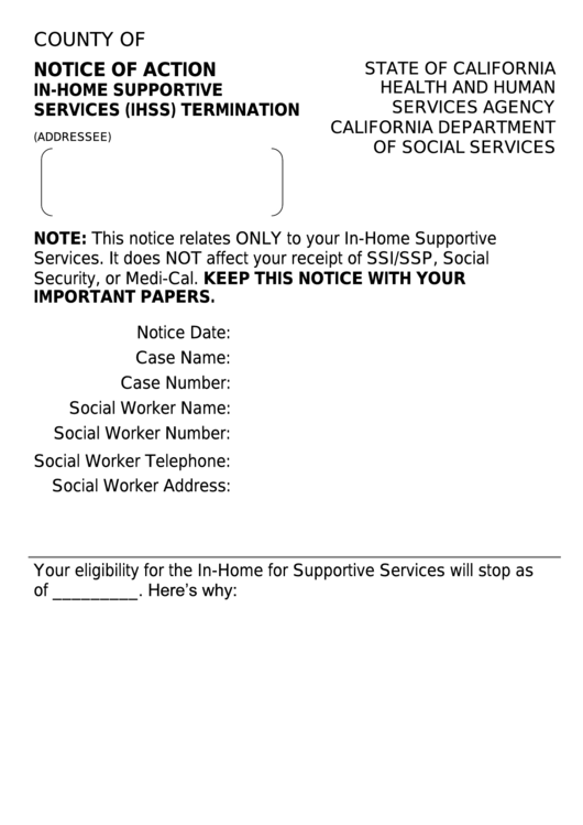 Form 1255l - Notice Of Action - In-Home Supportive Services (Ihss) Termination Printable pdf
