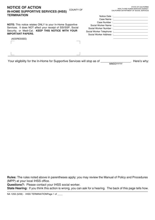Fillable Form Na 1255 - Notice Of Action - In-Home Supportive Services (Ihss) Termination Printable pdf