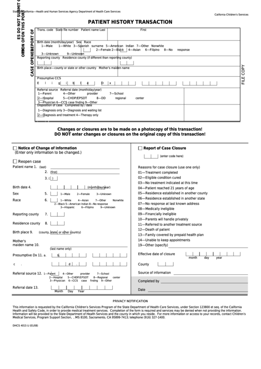 Fillable Form Dhcs 4015 U - Patient History Transaction - State Of California Health And Human Services Agency Printable pdf