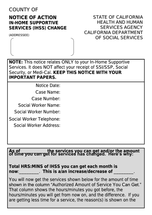 Form Na 1253l - Notice Of Action - In-Home Supportive Services (Ihss) Change Printable pdf