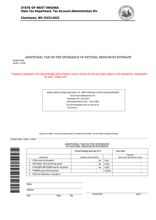 Fillable Form Wv/sev-400v - Additional Tax On The Severance Of Natural Resources Estimate Printable pdf