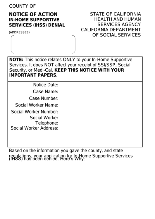 Form Na 1252l - Notice Of Action - In-Home Supportive Services (Ihss) Denial Printable pdf