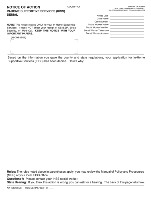 Fillable Form Na 1252 - Notice Of Action - In-Home Supportive Services (Ihss) Denial Printable pdf