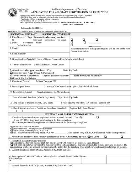 Fillable State Form 7695 - Application For Aircraft Registration Or Exemption Printable pdf