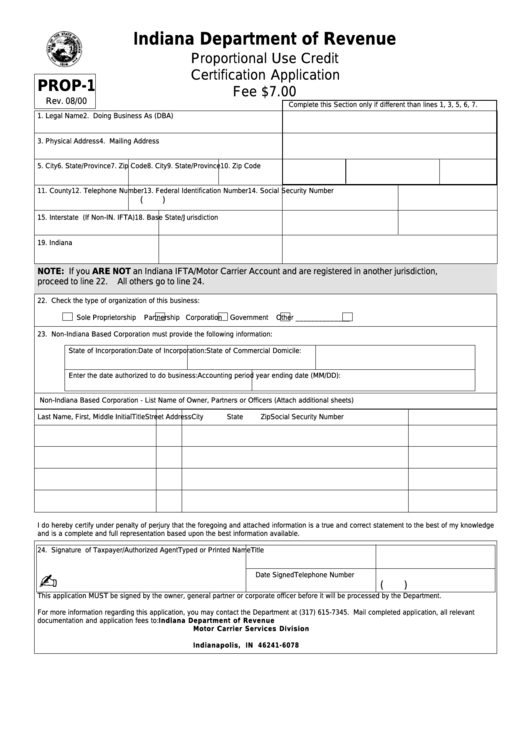 Form Prop-1 - Proportional Use Credit Certification Application Printable pdf