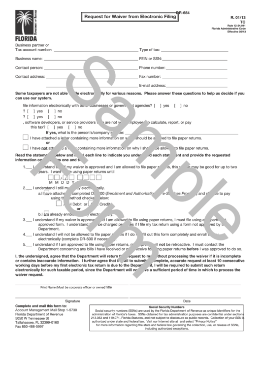 Form Dr-654 Draft - Request For Waiver From Electronic Filing Printable pdf