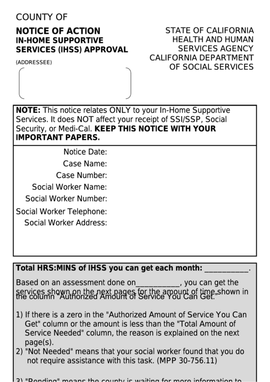 Form Na 1250l - Notice Of Action - In-Home Supportive Services (Ihss) Approval Printable pdf