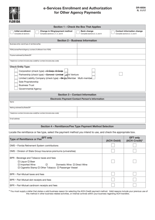 Form Dr-600a - E-Services Enrollment And Authorization For Other Agency Payments Printable pdf