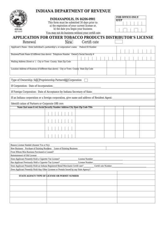 Fillable Form Otp-901 - Application For Other Tobacco Products Distributor