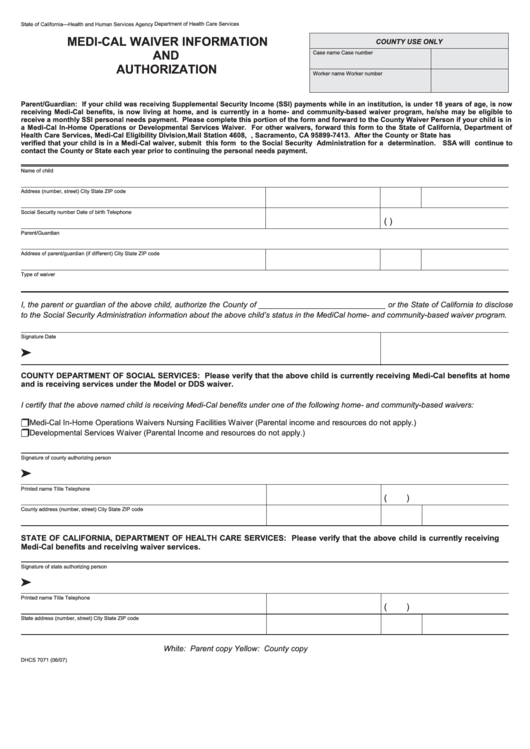 Form Dhcs 7071 - California Medical Waiver Information And Authorization - Health And Human Services Agency Printable pdf