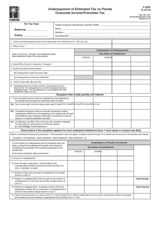 Form F2220 Underpayment Of Estimated Tax On Florida Corporate