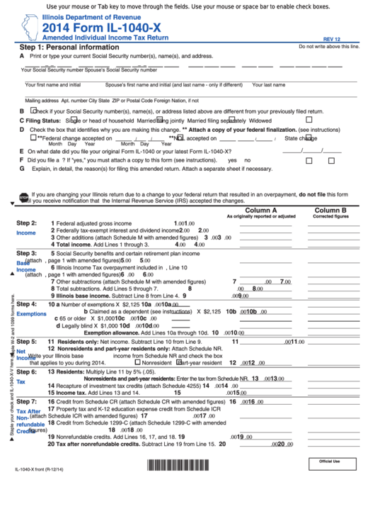 Fillable Form Il-1040-X - Amended Individual Income Tax Return - 2014 Printable pdf