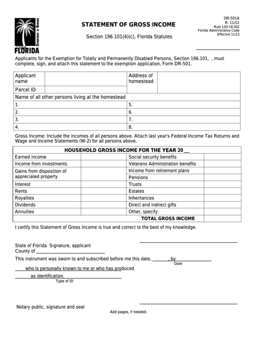 Form Dr-501a - Statement Of Gross Income Printable pdf