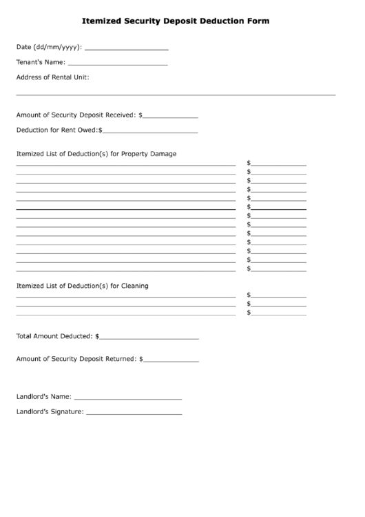 Itemized Security Deposit Deduction Form printable pdf download